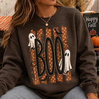 Halloween Ghost Sweatshirt, Retro Boo Design, Cute Spooky Fall Graphic for Women, Vintage Trick or Treat Style, Orange Polka Dot Ghosts and Bats