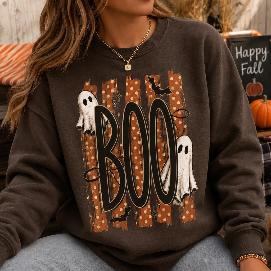 Halloween Ghost Sweatshirt, Retro Boo Design, Cute Spooky Fall Graphic for Women, Vintage Trick or Treat Style, Orange Polka Dot Ghosts and Bats