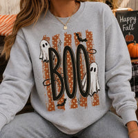 Halloween Ghost Sweatshirt, Retro Boo Design, Cute Spooky Fall Graphic for Women, Vintage Trick or Treat Style, Orange Polka Dot Ghosts and Bats