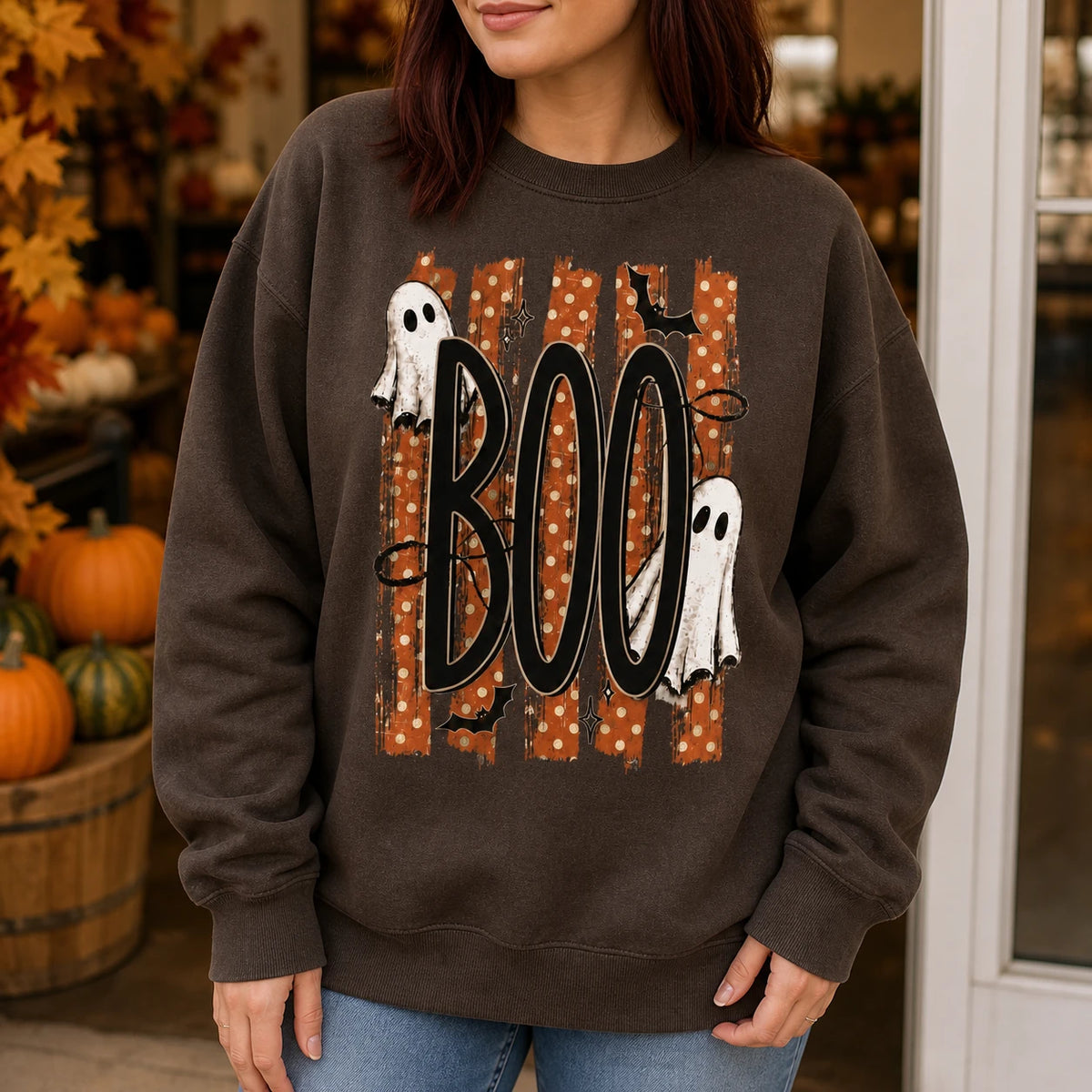 Halloween Ghost Sweatshirt, Retro Boo Design, Cute Spooky Fall Graphic for Women, Vintage Trick or Treat Style, Orange Polka Dot Ghosts and Bats