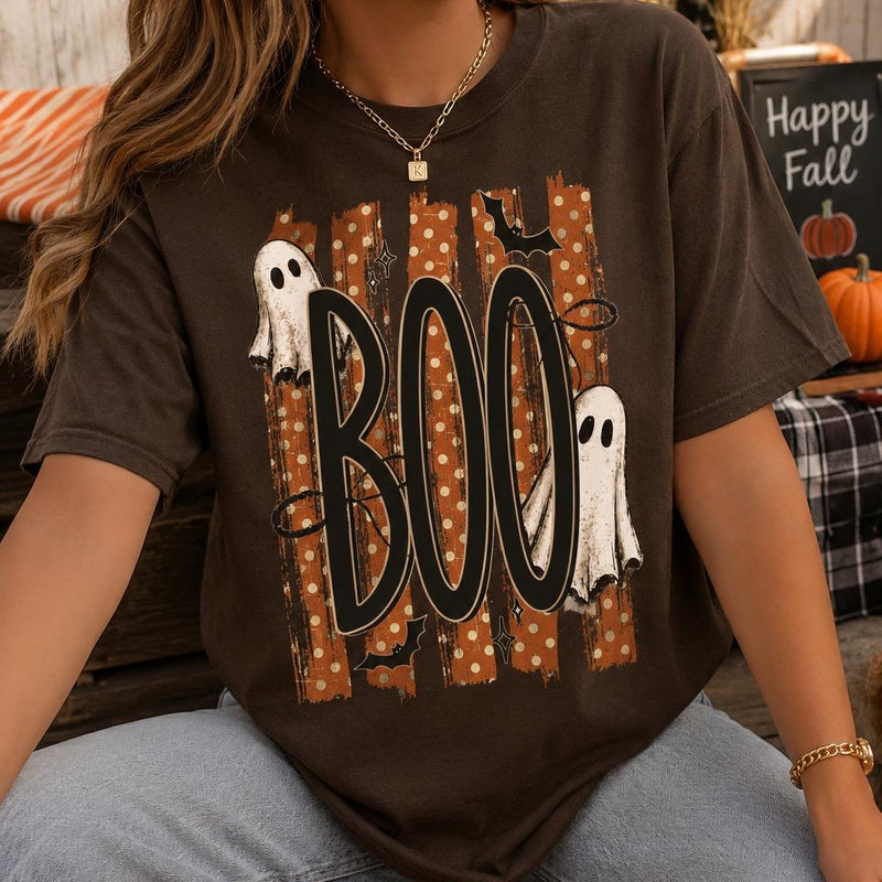 Halloween Ghost Sweatshirt, Retro Boo Design, Cute Spooky Fall Graphic for Women, Vintage Trick or Treat Style, Orange Polka Dot Ghosts and Bats