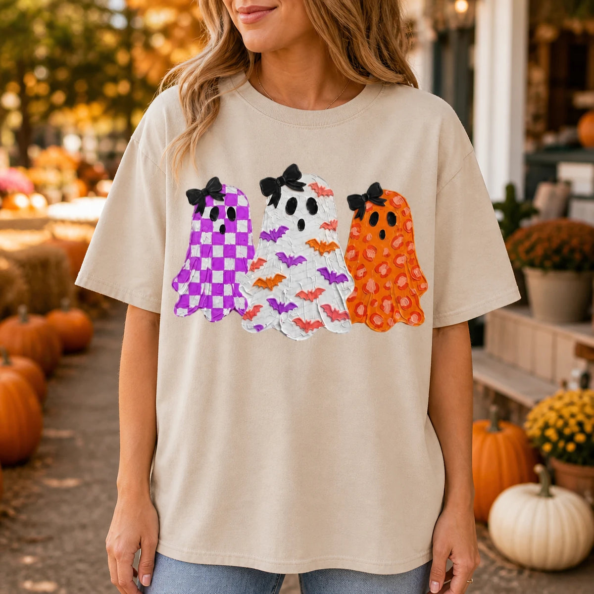 Halloween Ghost T-Shirt & Sweatshirt for Women Cute Three Ghost Spooky Season Fall Graphic Tee