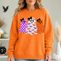 Three Bow Ghosts Halloween Sweatshirt, Checkerboard Coquette Spooky Season Graphic, Gift for Her