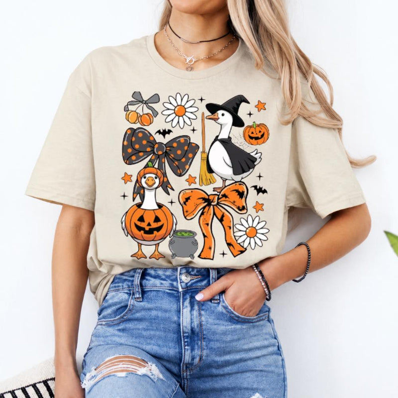Halloween Goose T-Shirt Cute Witch and Pumpkin Geese Fall Spooky Season Women Coquette Graphic Top