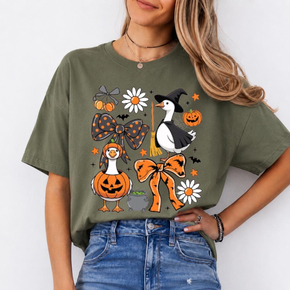Halloween Goose T-Shirt Cute Witch and Pumpkin Geese Fall Spooky Season Women Coquette Graphic Top