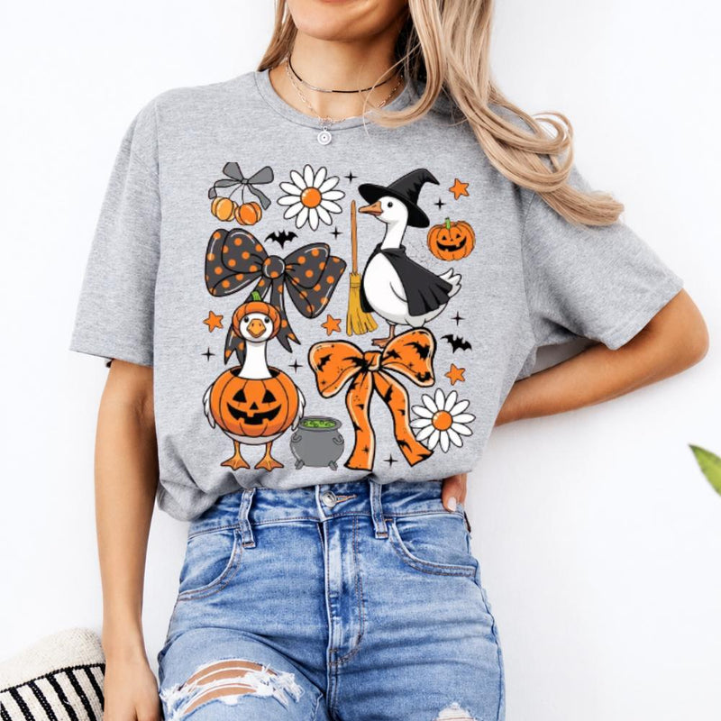 Halloween Goose T-Shirt Cute Witch and Pumpkin Geese Fall Spooky Season Women Coquette Graphic Top