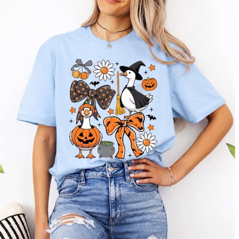 Halloween Goose T-Shirt Cute Witch and Pumpkin Geese Fall Spooky Season Women Coquette Graphic Top