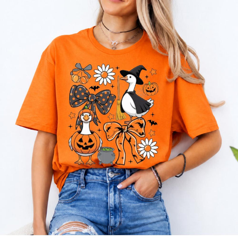 Halloween Goose T-Shirt Cute Witch and Pumpkin Geese Fall Spooky Season Women Coquette Graphic Top