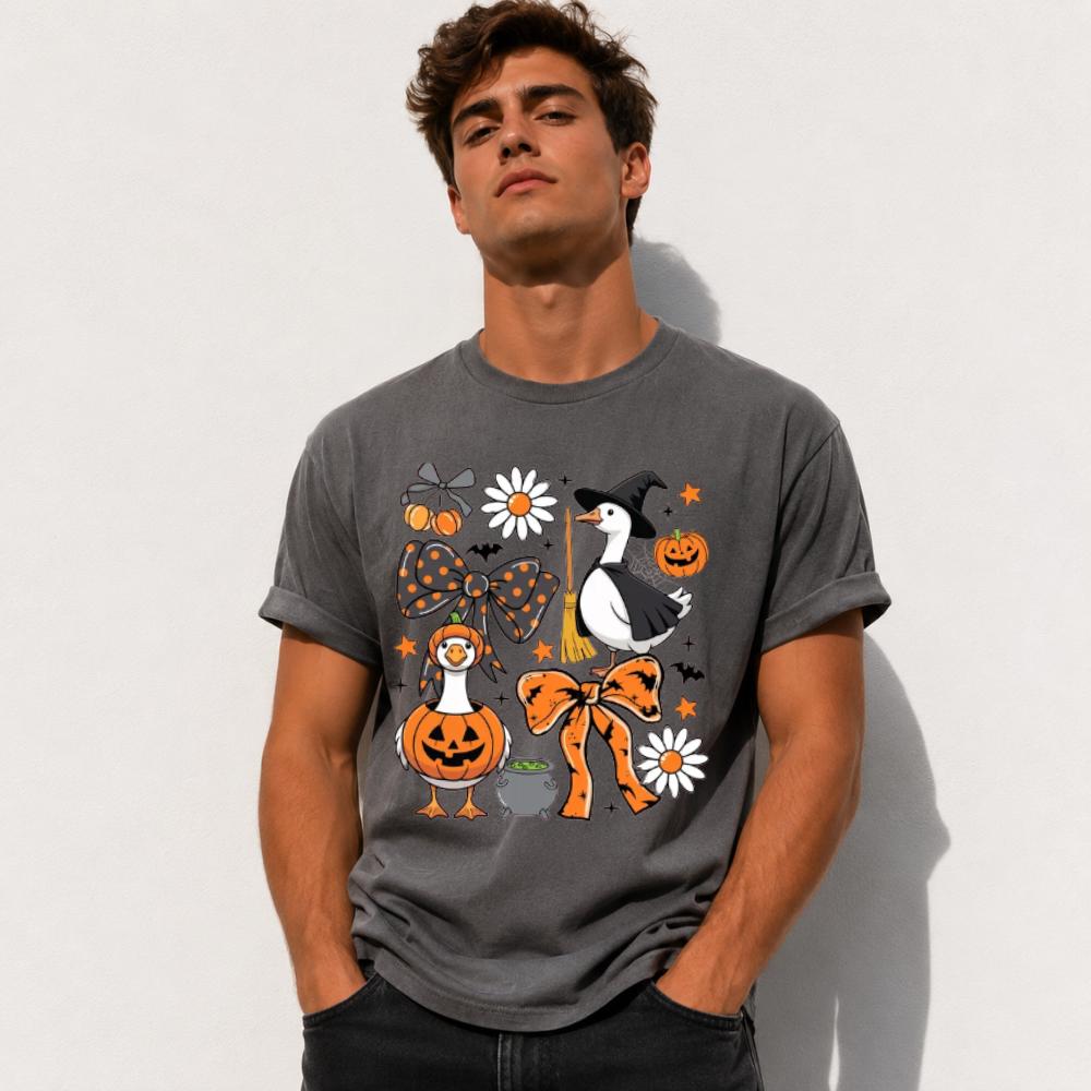 Halloween Goose T-Shirt Cute Witch and Pumpkin Geese Fall Spooky Season Women Coquette Graphic Top