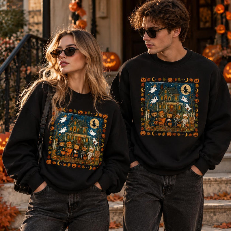 Halloween Haunted House Sweatshirt, Cute Spooky Season Crewneck, Vintage Ghost Pumpkin Bear Shirt, Fall Halloween Pullover, Kawaii Halloween Graphic Sweatshirt, Autumn Outfit Gift For Her, Cozy Holiday Tee