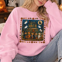 Halloween Haunted House Sweatshirt, Cute Spooky Season Crewneck, Vintage Ghost Pumpkin Bear Shirt, Fall Halloween Pullover, Kawaii Halloween Graphic Sweatshirt, Autumn Outfit Gift For Her, Cozy Holiday Tee