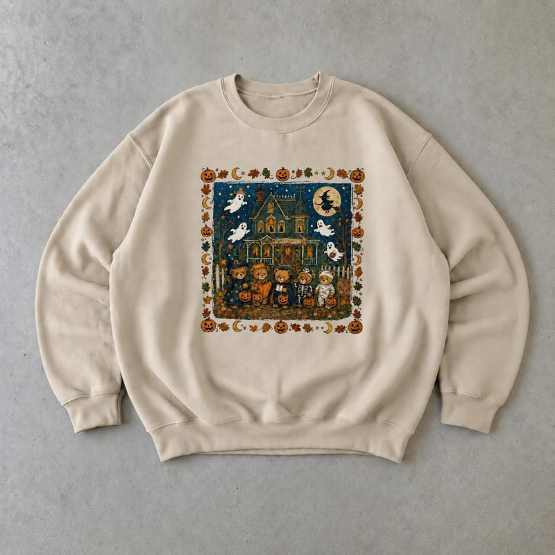 Halloween Haunted House Sweatshirt, Cute Spooky Season Crewneck, Vintage Ghost Pumpkin Bear Shirt, Fall Halloween Pullover, Kawaii Halloween Graphic Sweatshirt, Autumn Outfit Gift For Her, Cozy Holiday Tee