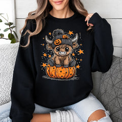 Halloween Highland Cow Sweatshirt Cute Pumpkin Western Design