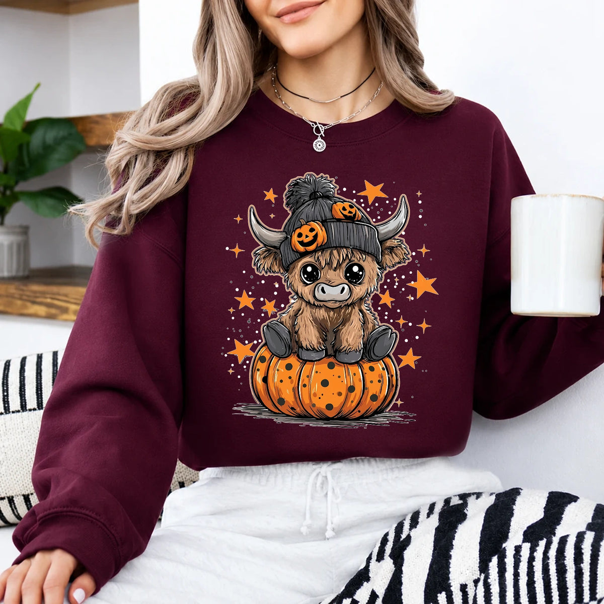 Halloween Highland Cow Sweatshirt Cute Pumpkin Western Design