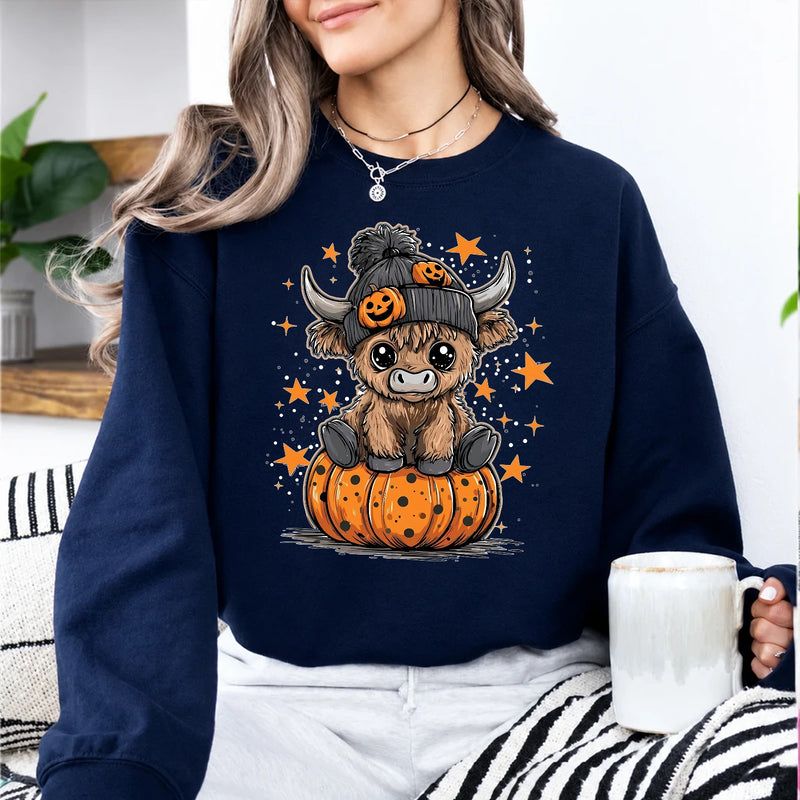 Halloween Highland Cow Sweatshirt Cute Pumpkin Western Design