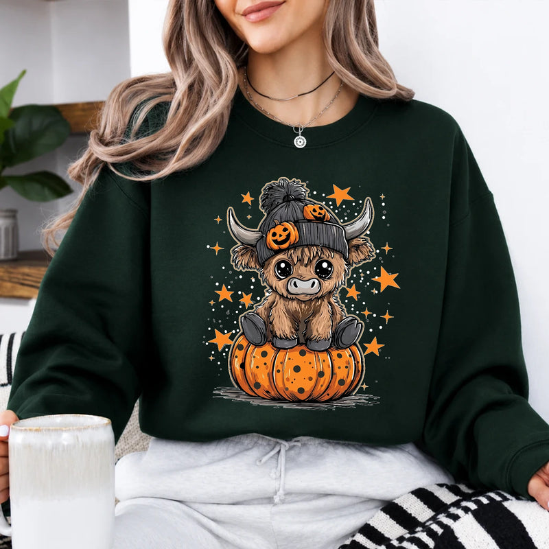 Halloween Highland Cow Sweatshirt Cute Pumpkin Western Design