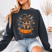 Halloween Highland Cow Sweatshirt Cute Pumpkin Western Design