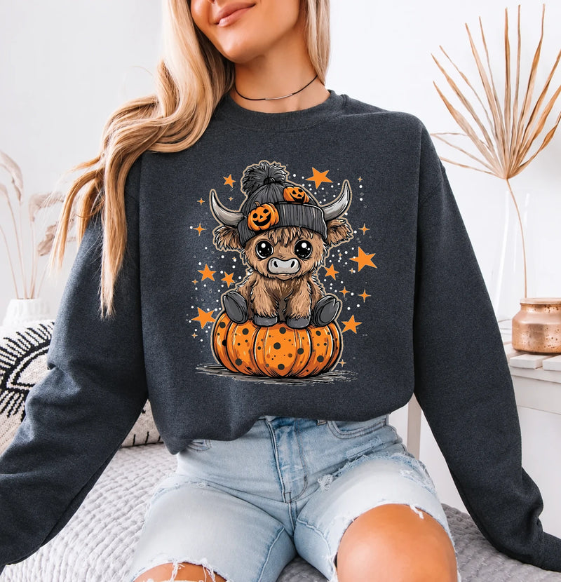 Halloween Highland Cow Sweatshirt Cute Pumpkin Western Design