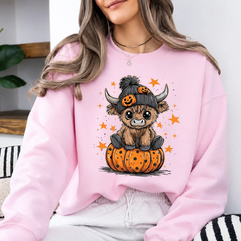 Halloween Highland Cow Sweatshirt Cute Pumpkin Western Design