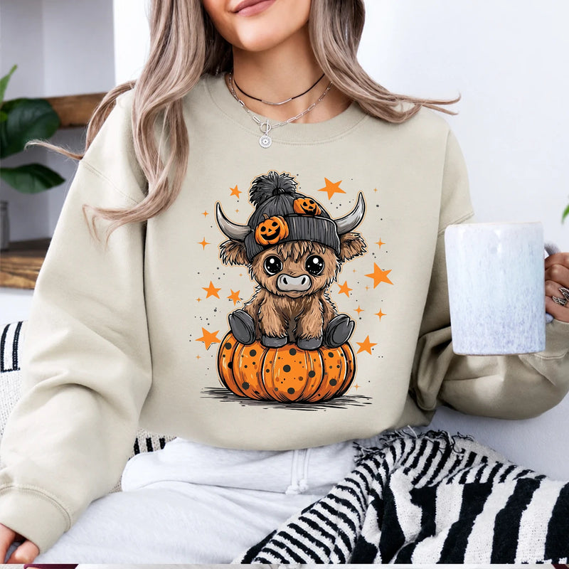 Halloween Highland Cow Sweatshirt Cute Pumpkin Western Design