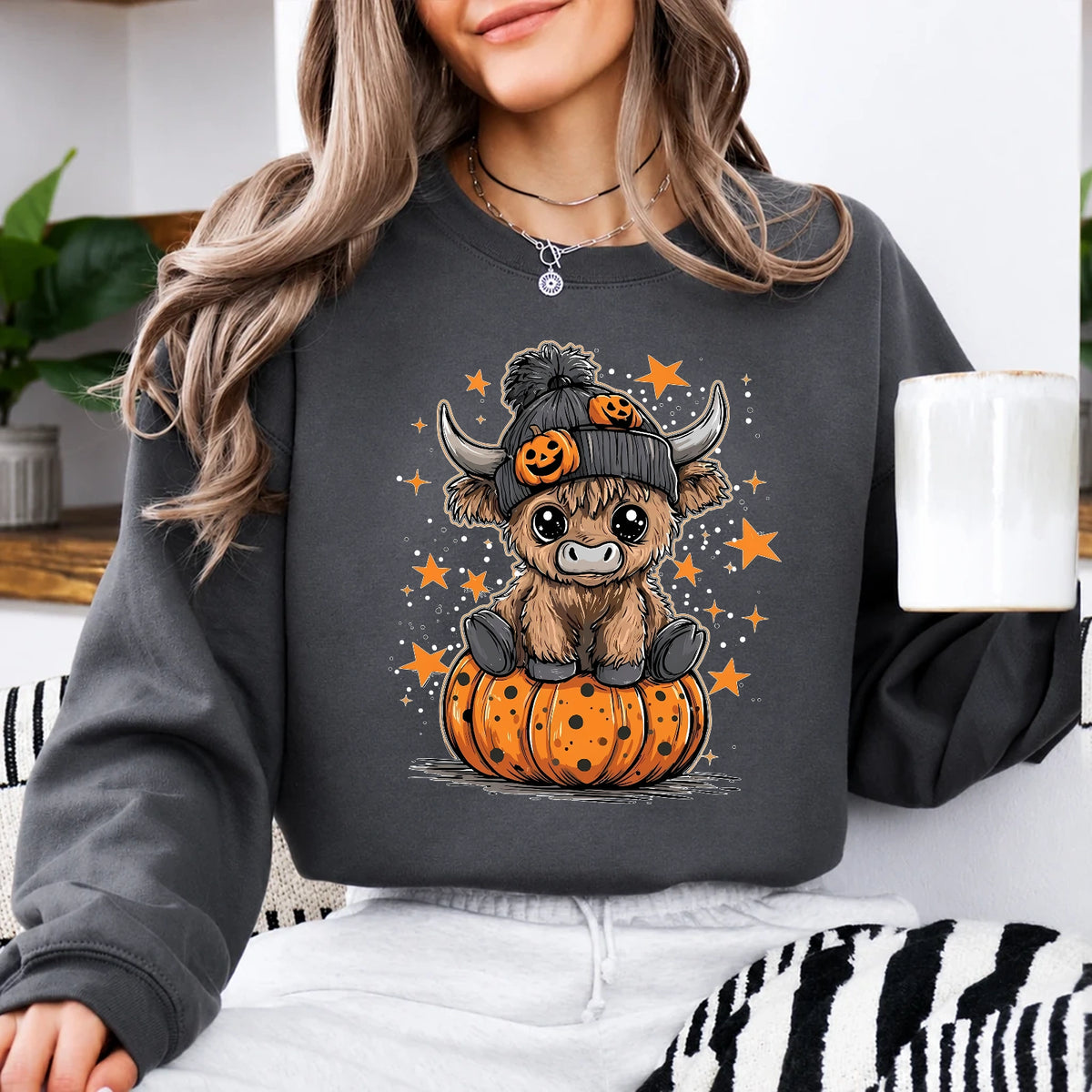 Halloween Highland Cow Sweatshirt Cute Pumpkin Western Design