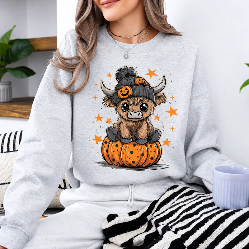 Halloween Highland Cow Sweatshirt Cute Pumpkin Western Design
