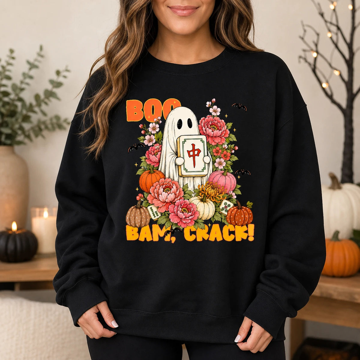 Halloween Mahjong Boo Bam Crack Ghost Game Night Sweatshirt for Women