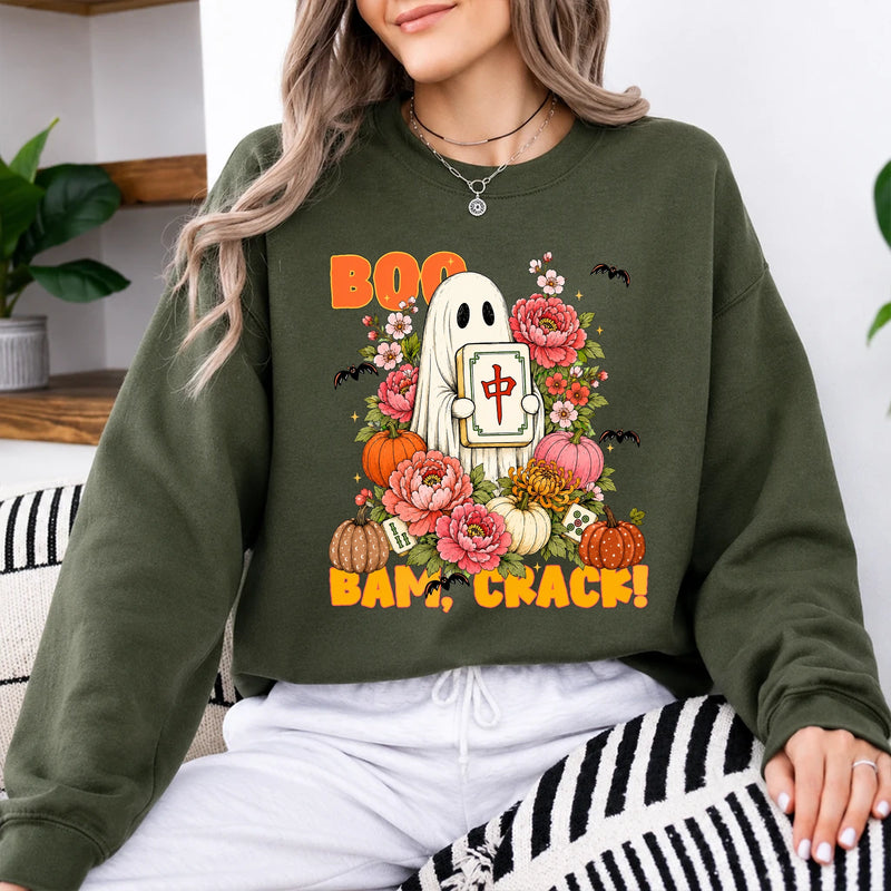 Halloween Mahjong Boo Bam Crack Ghost Game Night Sweatshirt for Women