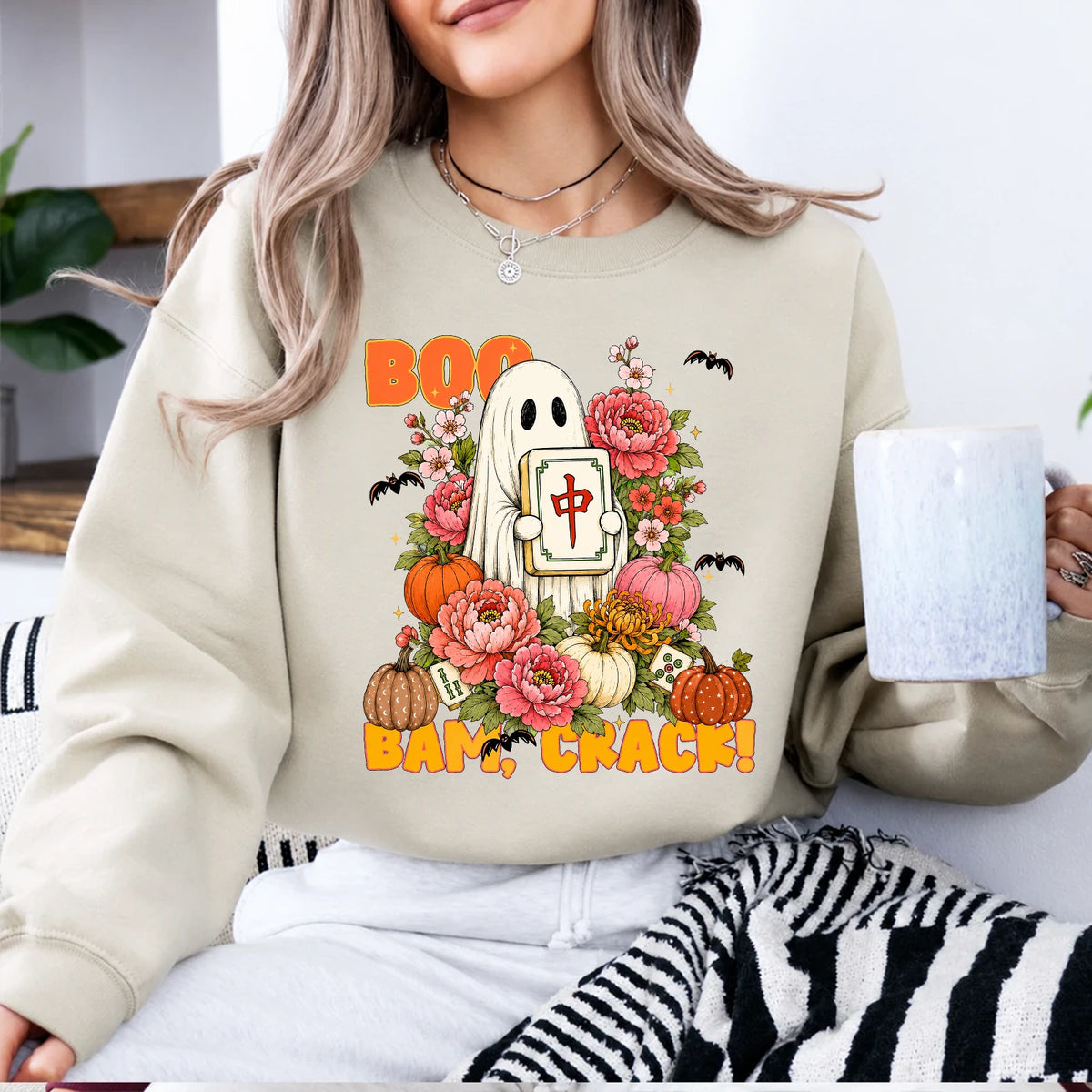 Halloween Mahjong Sweatshirt Boo Bam Crack Halloween Game Night Women Cute Floral Ghost Design