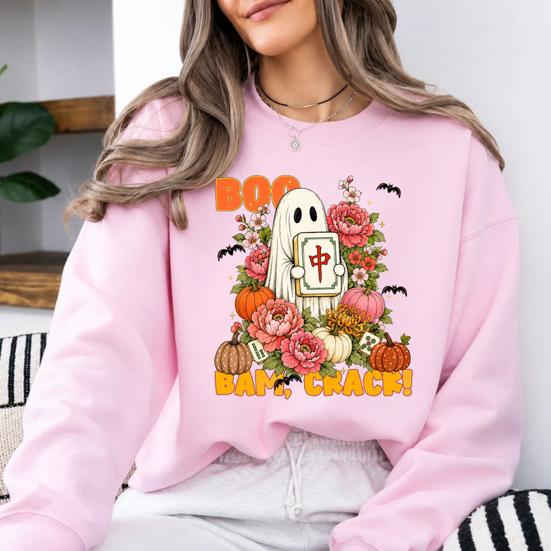 Halloween Mahjong Sweatshirt Boo Bam Crack Halloween Game Night Women Cute Floral Ghost Design