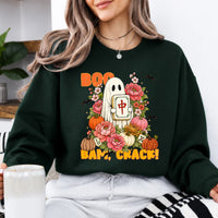 Halloween Mahjong Sweatshirt Boo Bam Crack Halloween Game Night Women Cute Floral Ghost Design