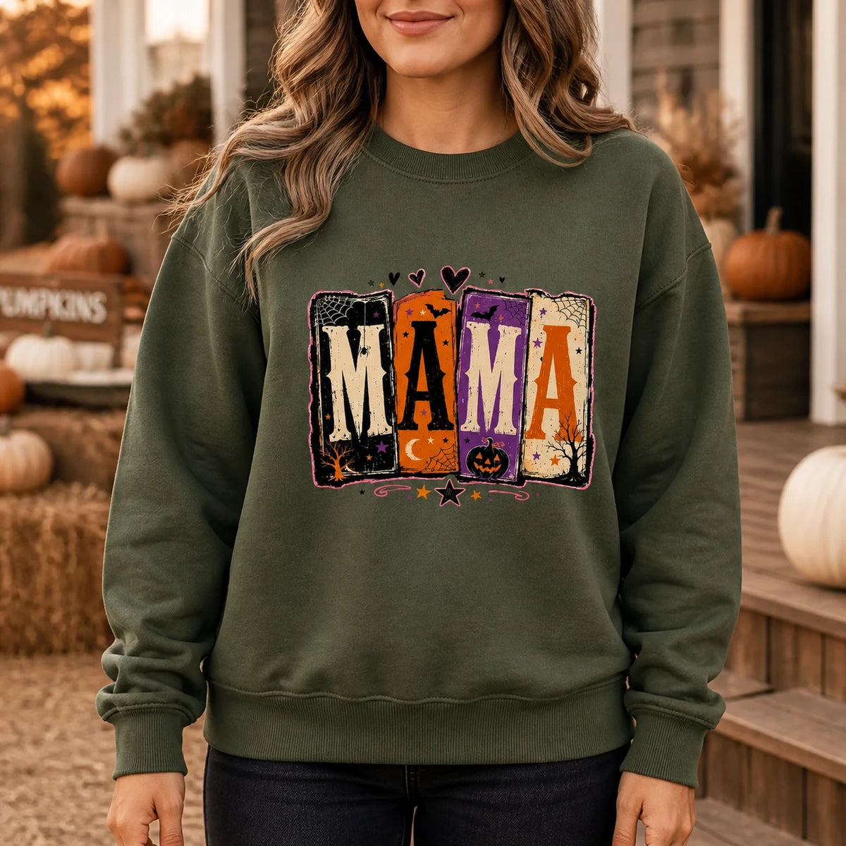Halloween Mama Crewneck Sweatshirt, Vintage Spooky Mom Pumpkin Graphic
