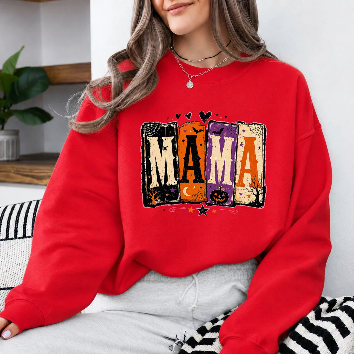 Halloween Mama Crewneck Sweatshirt, Vintage Spooky Mom Pumpkin Graphic