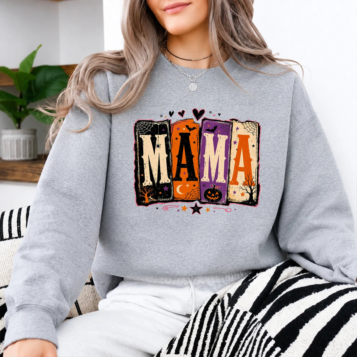 Halloween Mama Crewneck Sweatshirt, Vintage Spooky Mom Pumpkin Graphic