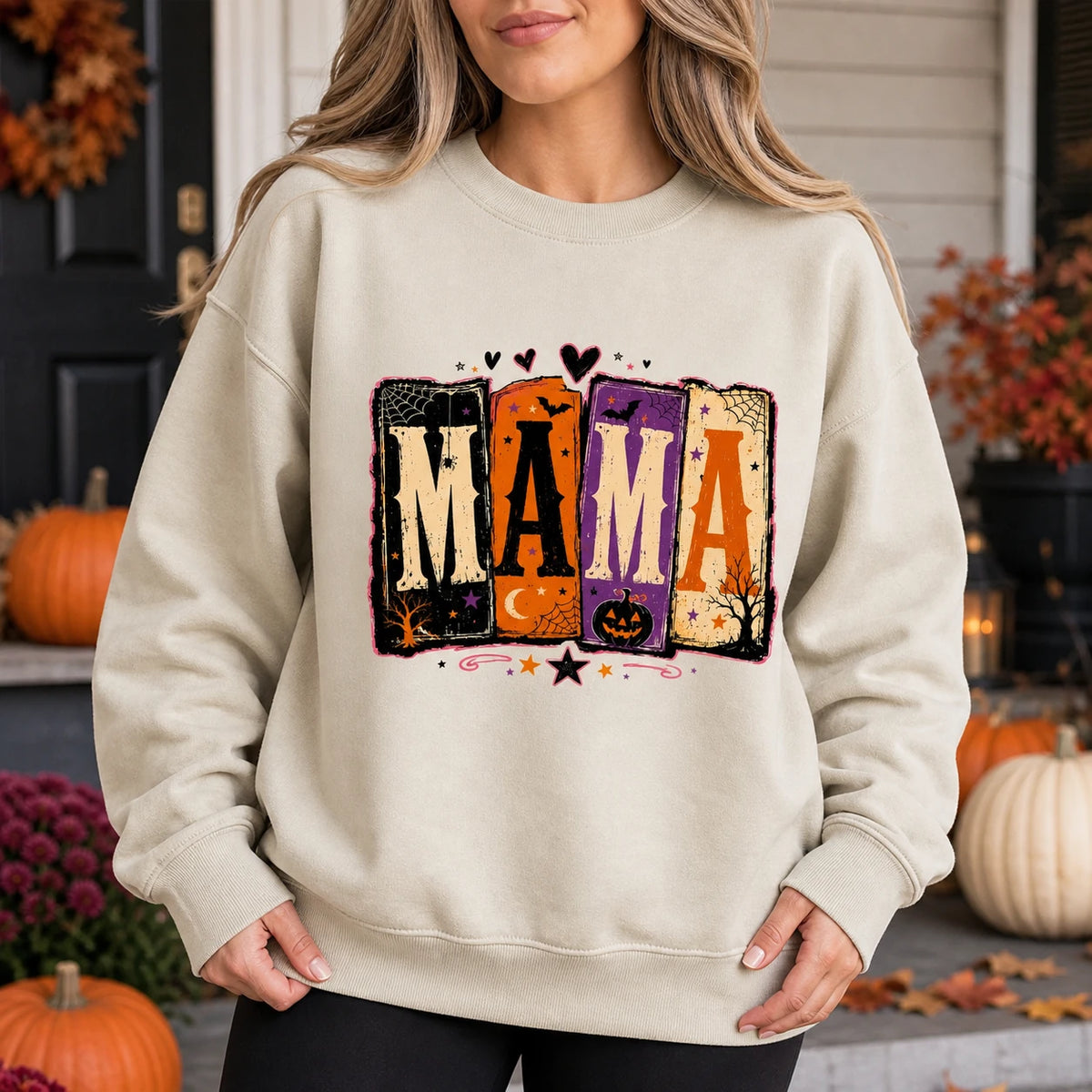Halloween Mama Crewneck Sweatshirt, Vintage Spooky Mom Pumpkin Graphic