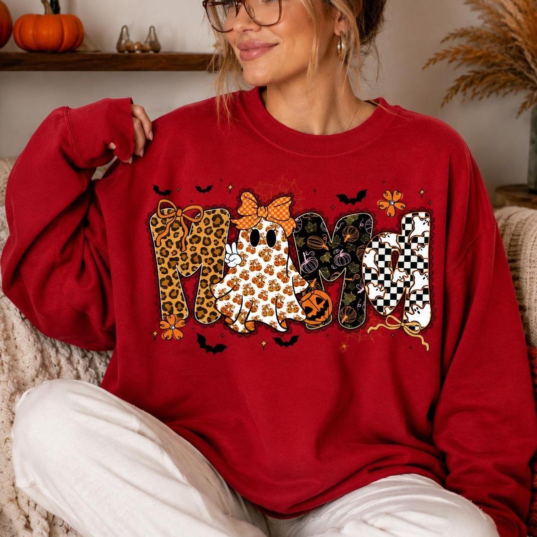 Halloween Mama Cute Ghost Sweatshirt Fall Pumpkin Women Retro Leopard Coquette