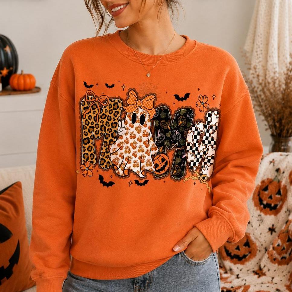 Halloween Mama Cute Ghost Sweatshirt Fall Pumpkin Women Retro Leopard Coquette