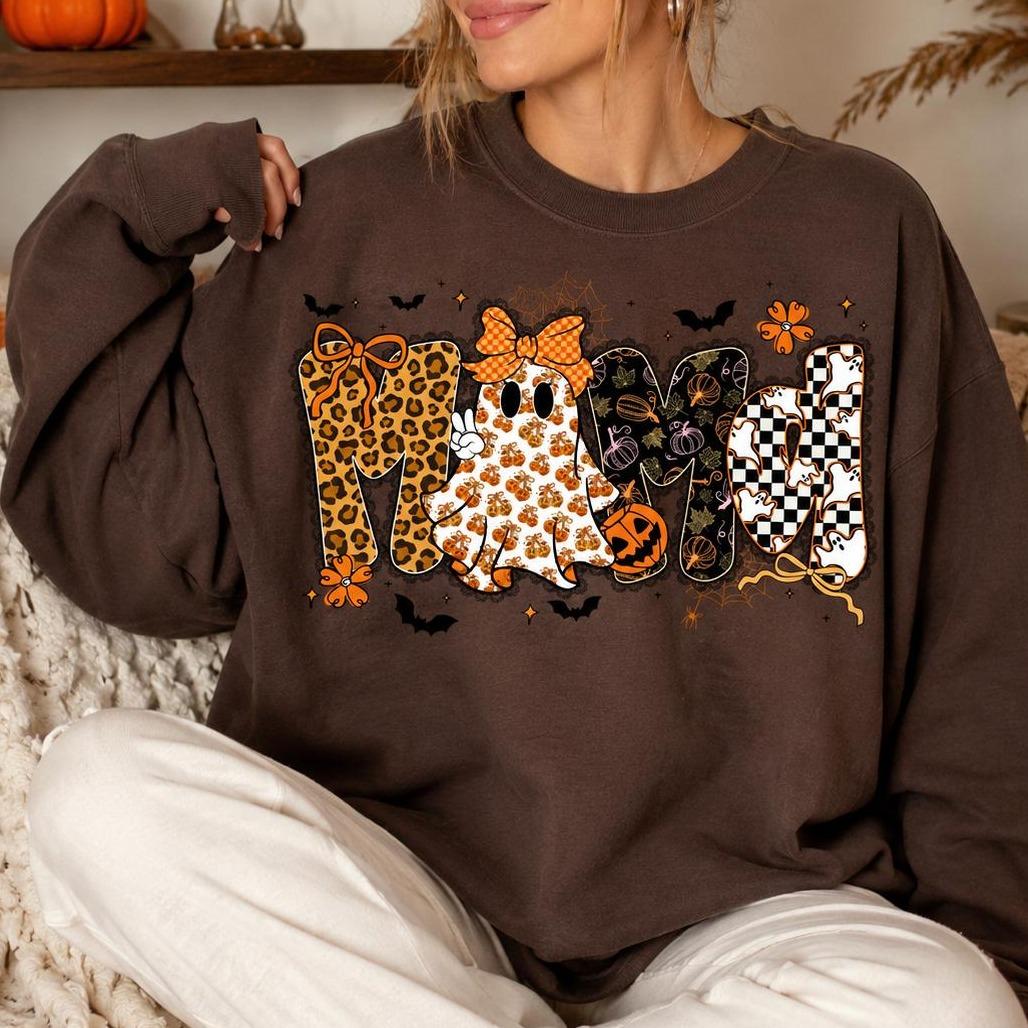Halloween Mama Cute Ghost Sweatshirt Fall Pumpkin Women Retro Leopard Coquette