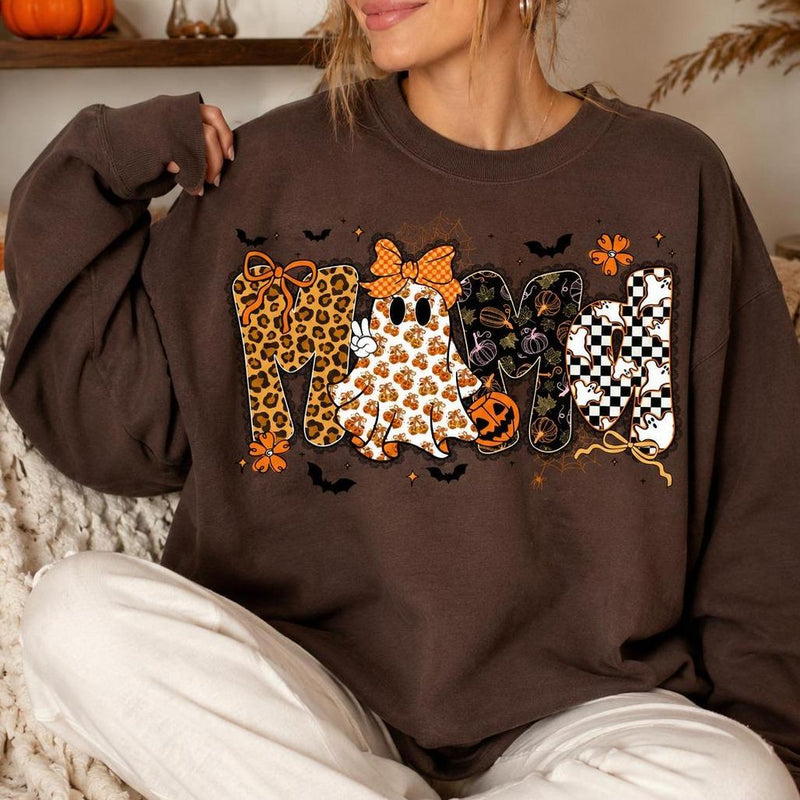 Halloween Mama Cute Ghost Sweatshirt Fall Pumpkin Women Retro Leopard Coquette