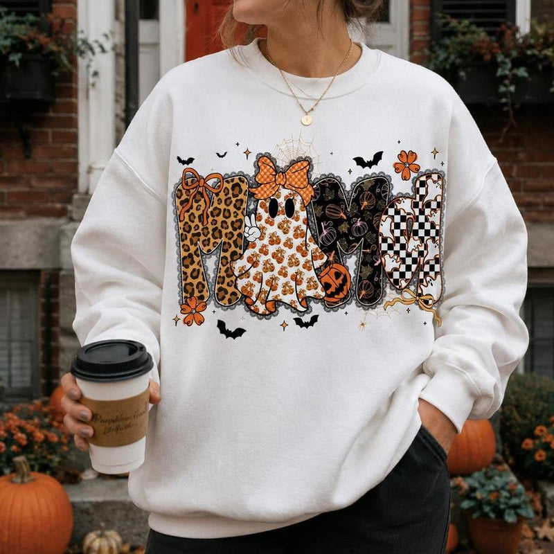 Halloween Mama Cute Ghost Sweatshirt Fall Pumpkin Women Retro Leopard Coquette