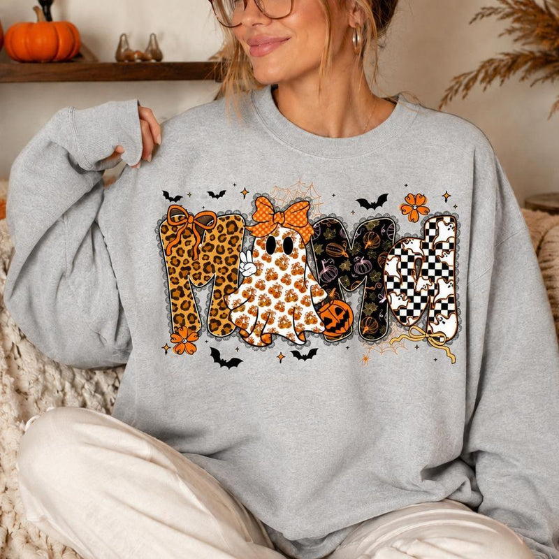 Halloween Mama Cute Ghost Sweatshirt Fall Pumpkin Women Retro Leopard Coquette