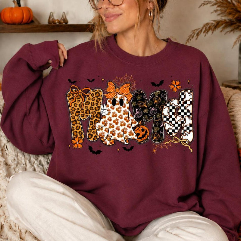 Halloween Mama Cute Ghost Sweatshirt Fall Pumpkin Women Retro Leopard Coquette