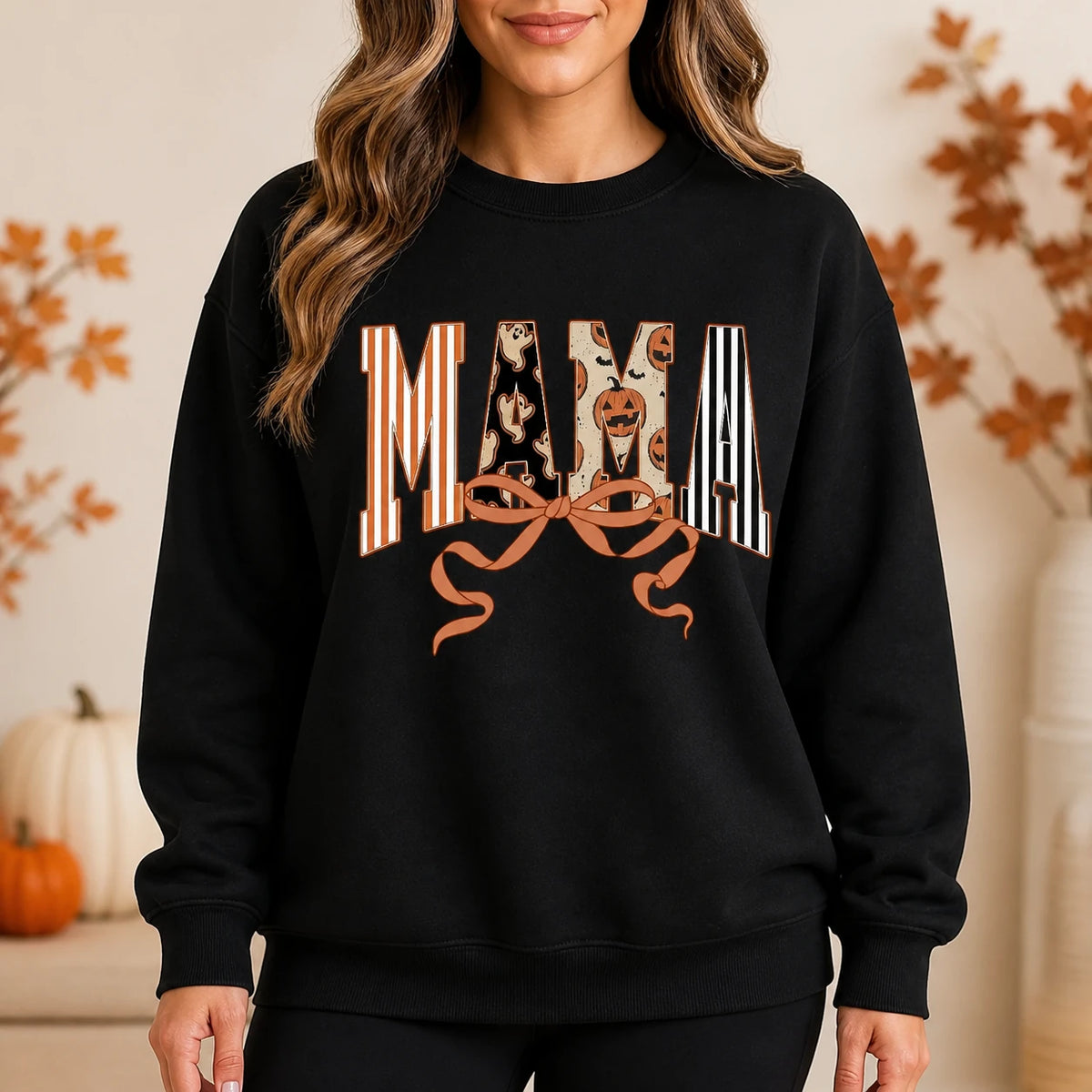 Halloween Mama Shirt with MAMA Bow Coquette Pumpkin Ghost Bat Fall Mom Design
