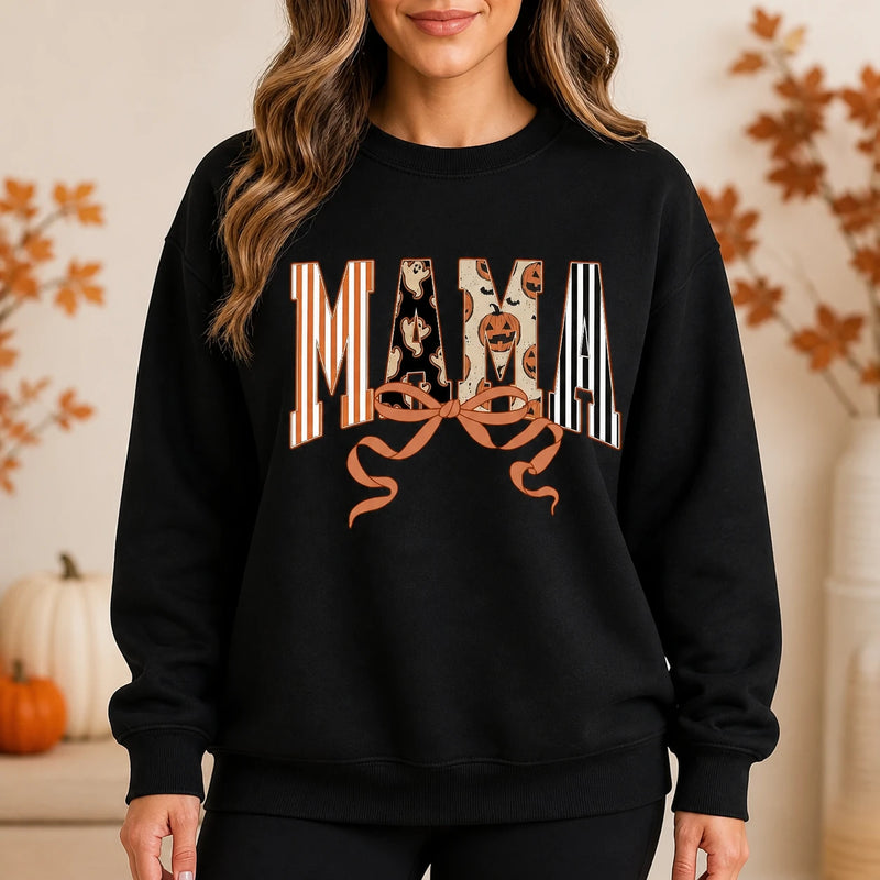 Halloween Mama Shirt with MAMA Bow Coquette Pumpkin Ghost Bat Fall Mom Design