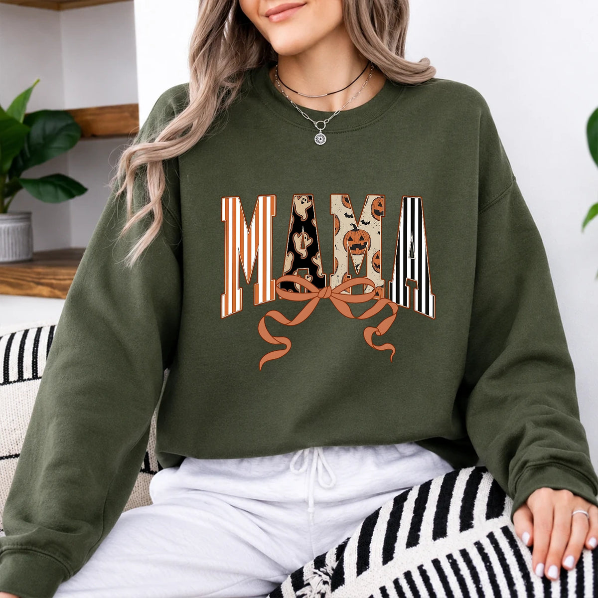 Halloween Mama Shirt with MAMA Bow Coquette Pumpkin Ghost Bat Fall Mom Design