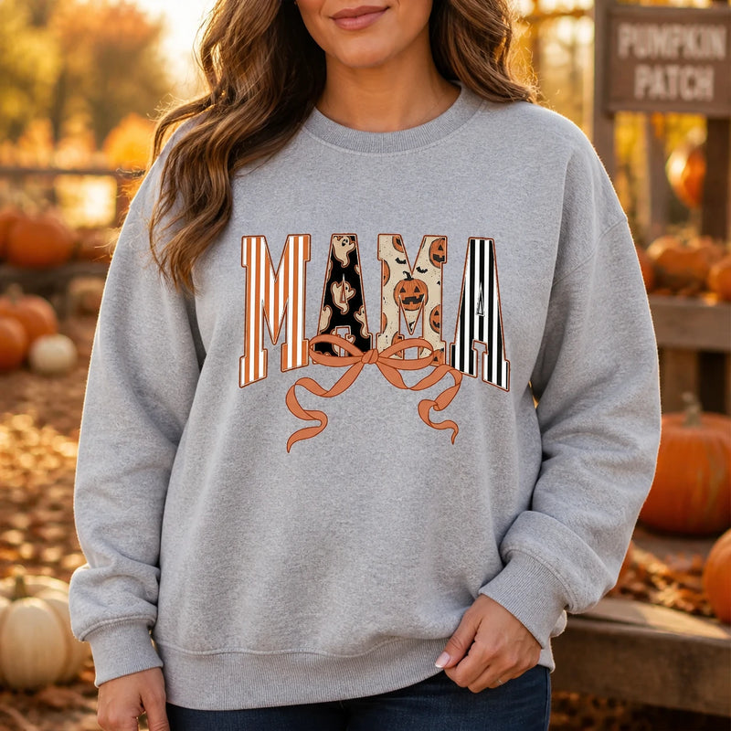 Halloween Mama Shirt with MAMA Bow Coquette Pumpkin Ghost Bat Fall Mom Design