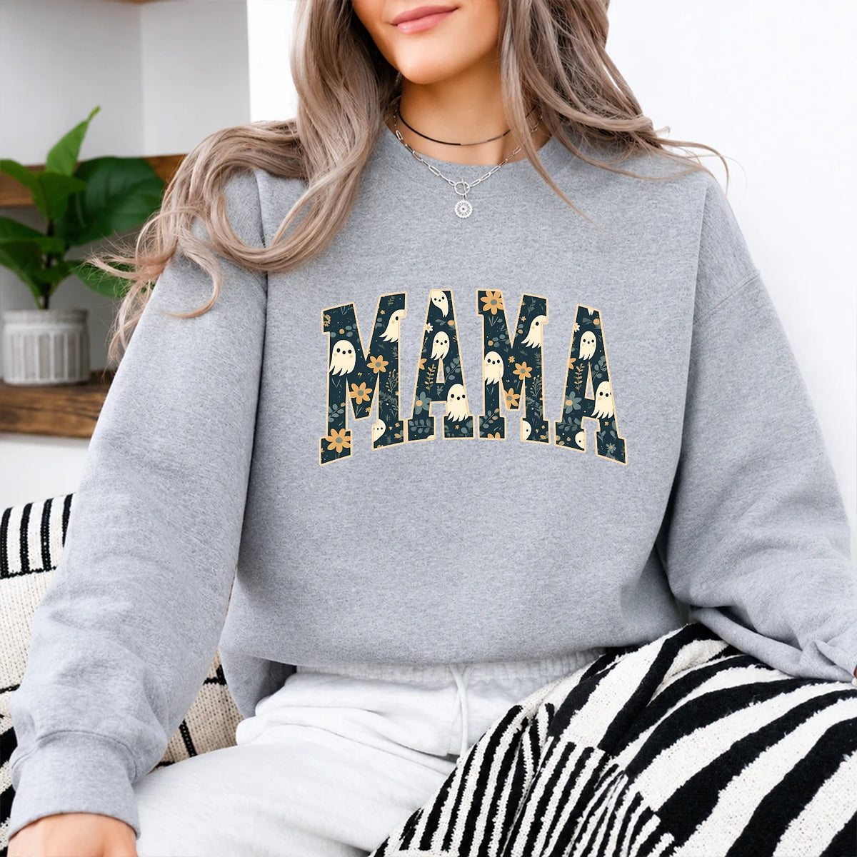 Halloween Mama Sweatshirt Cute Ghost Floral Mom Fall