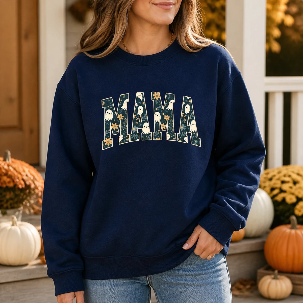 Halloween Mama Sweatshirt Cute Ghost Floral Mom Fall
