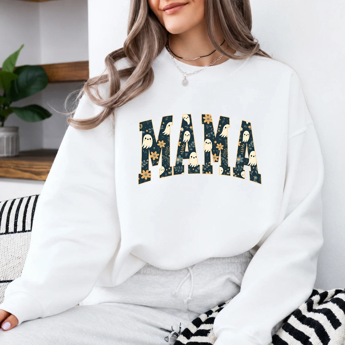 Halloween Mama Sweatshirt Cute Ghost Floral Mom Fall