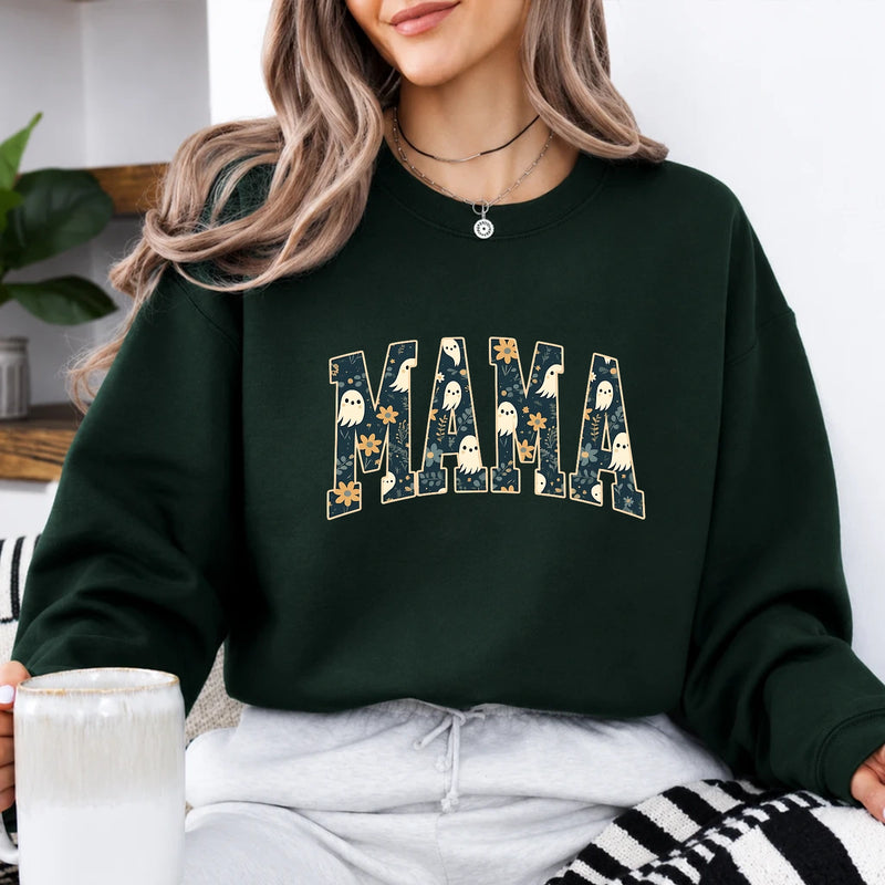 Halloween Mama Sweatshirt Cute Ghost Floral Mom Fall